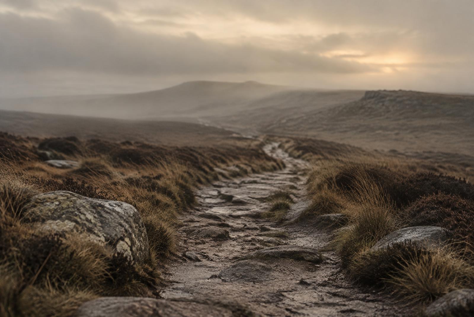 A worn footpath receding into mist across empty highland